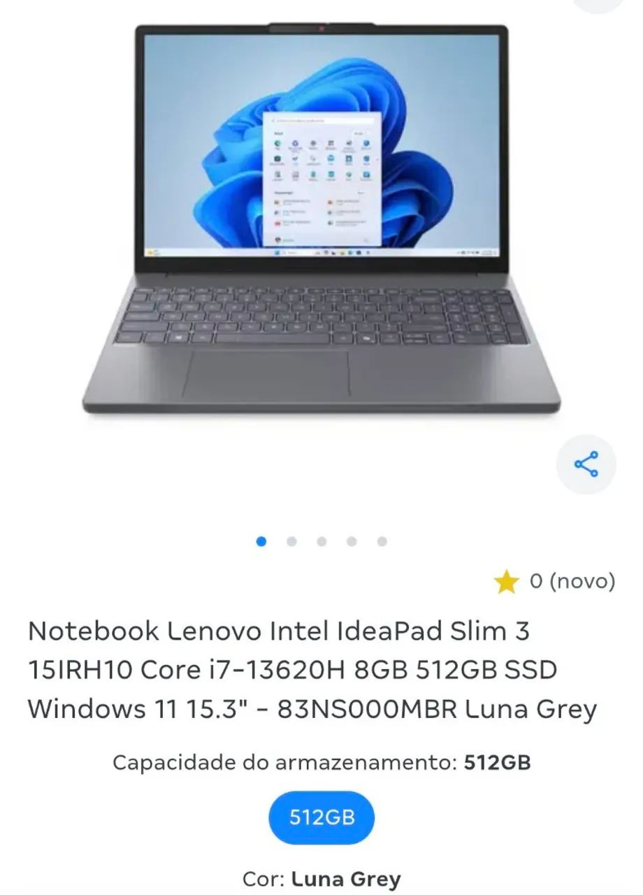 Notebook Lenovo Slim 3/ Processador Intel 7/ 8GB/ 512GB/ Windows