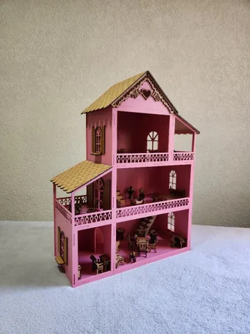 CASA CASINHA POLLY 45Cm em MDF PINTADA ROSA PINK + KIT 20 MINI