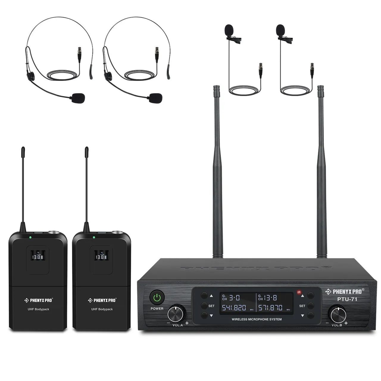Sistema de microfone Headset sem fio UHF duplo com varredura automática - PTU-71-2B 