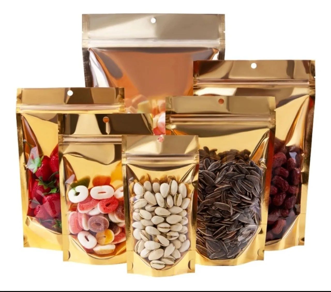 Sacos para Embalar Alimentos - 5 Peças - Dourado - Com Zíper