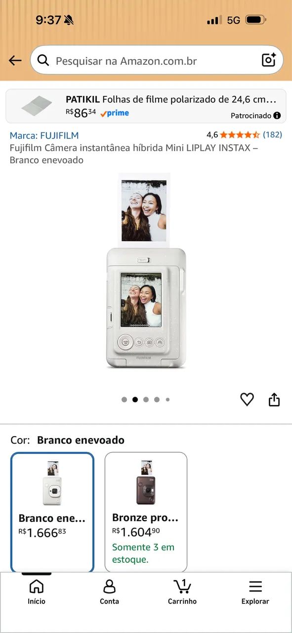 Fujifilm Câmera instantânea híbrida Mini LIPLAY INSTAX - Branco enevoado