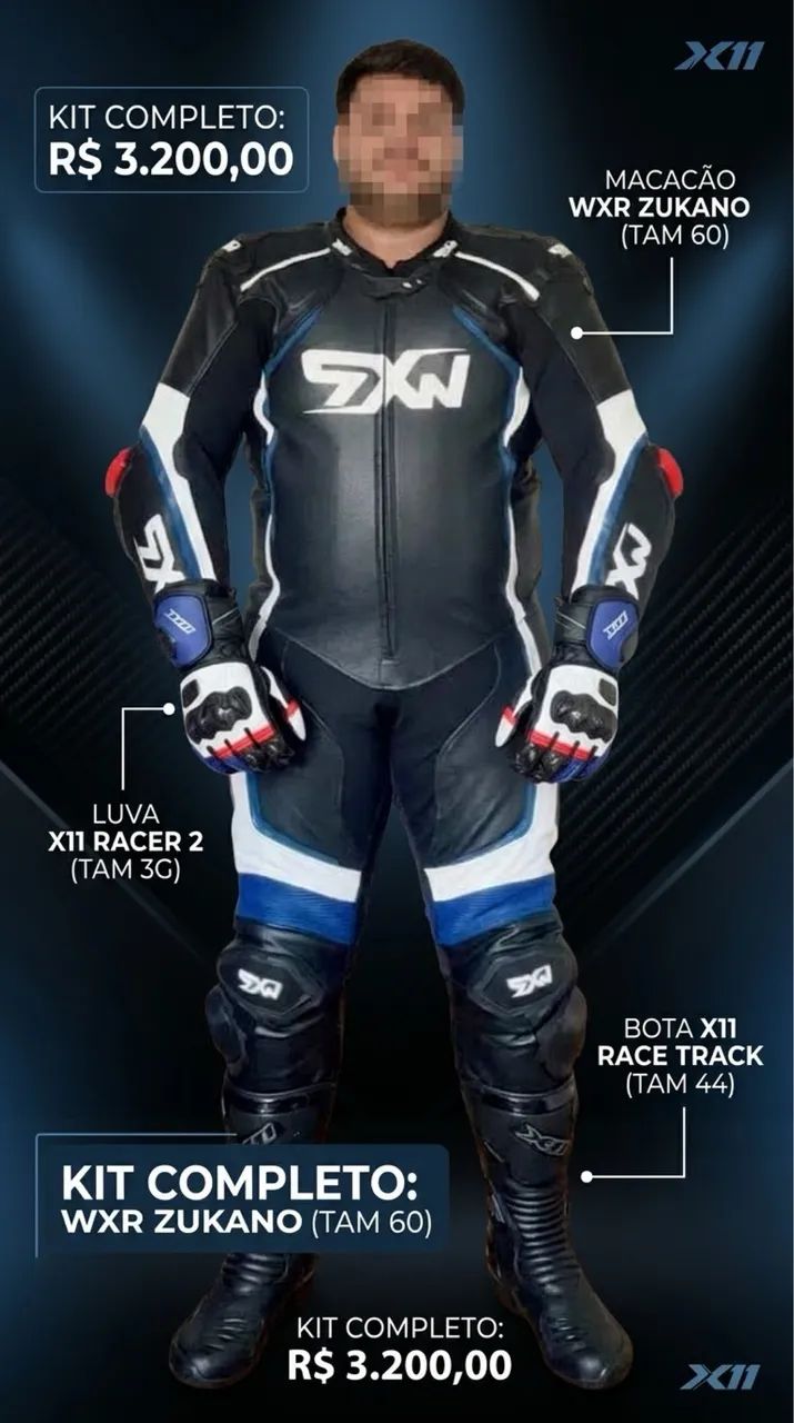 Kit proteção piloto macacão couro + luva + bota 