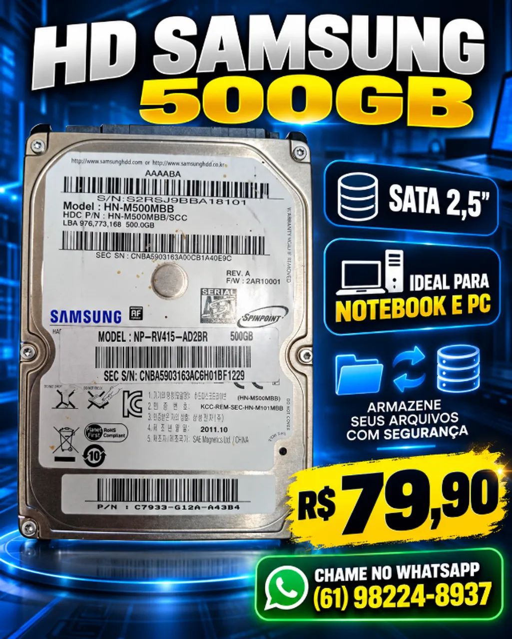 HD Samsung 500gb - Sata 2,5 - Notebook e PC