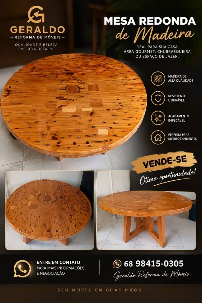 Vende se essa mesa em madeira formato redendo e rústica 