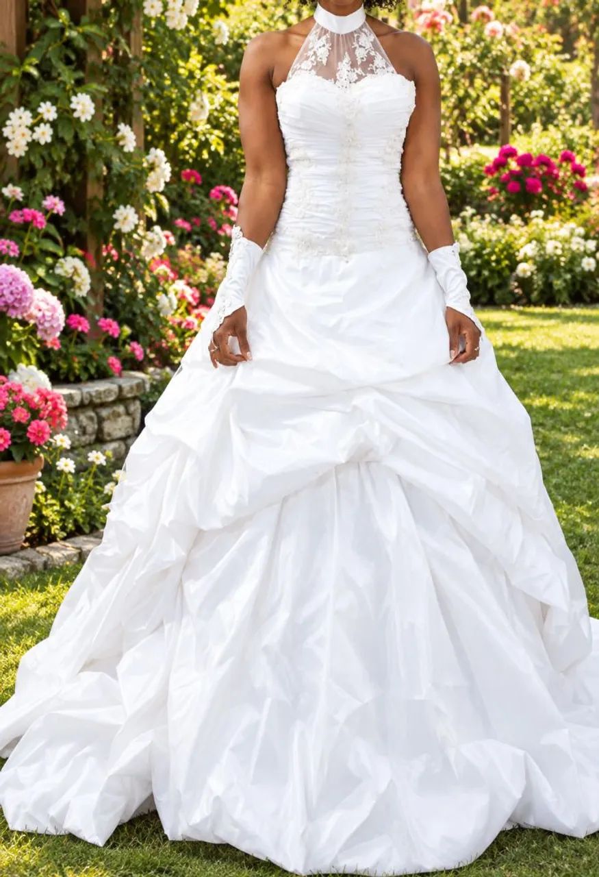 VESTIDO DE NOIVA COM GRINALDA E VÉU E LUVAS. - Foto 2