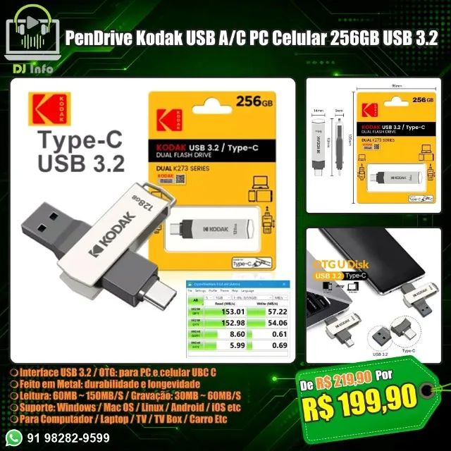 PenDrive Kodak USB A/C PC Celular 256GB USB 3.2