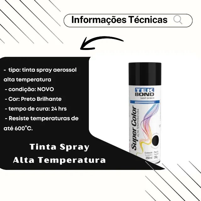Tinta Spray 350ml Alta Temperatura Preto Brilhante Tekbond - Foto 3