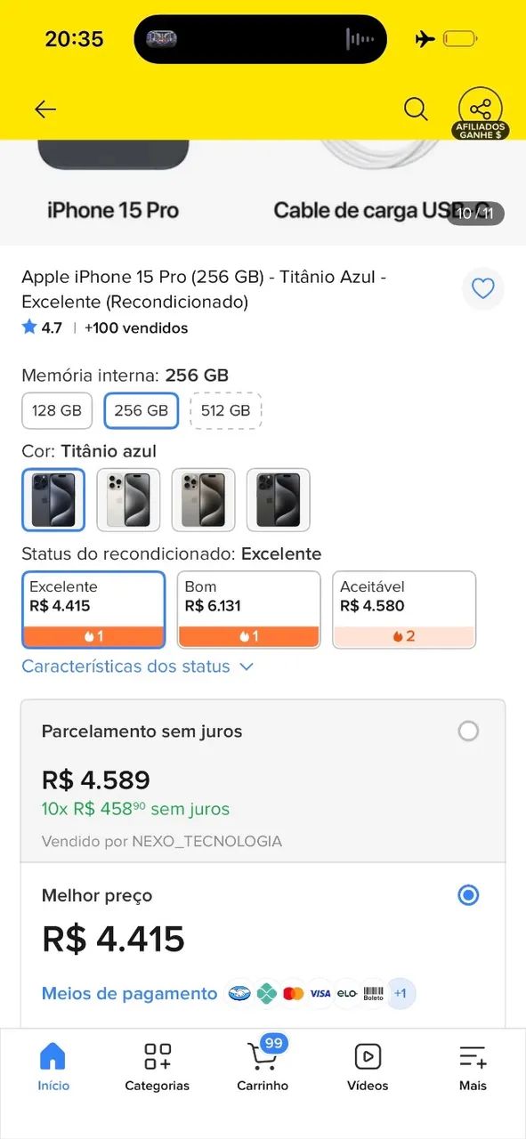 Pra vender iPhone 15 Pro 256 GB