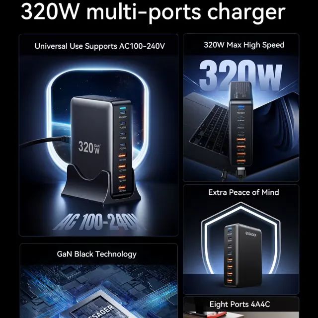 BASE CARREGADOR DE MESA ESSAGER 320W 8 PORTAS  - Foto 3