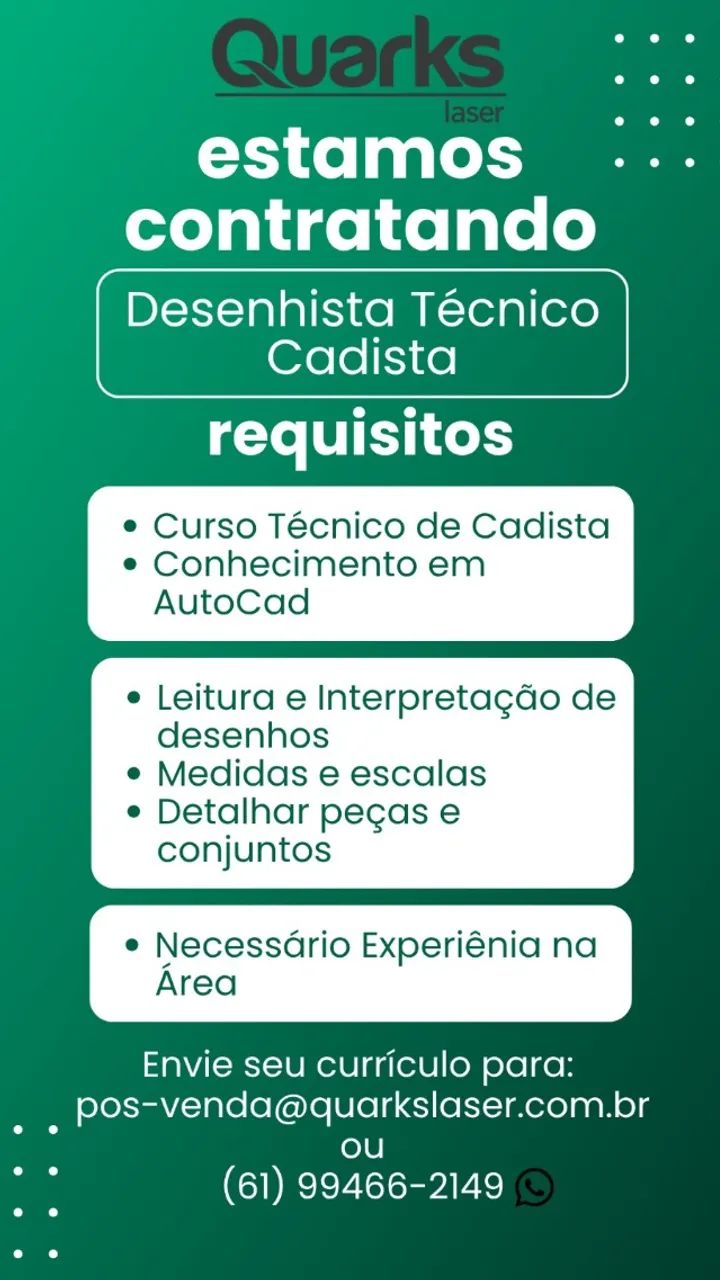 Vaga para Cadista Desenhista Técnico - Indústria Metalúrgica