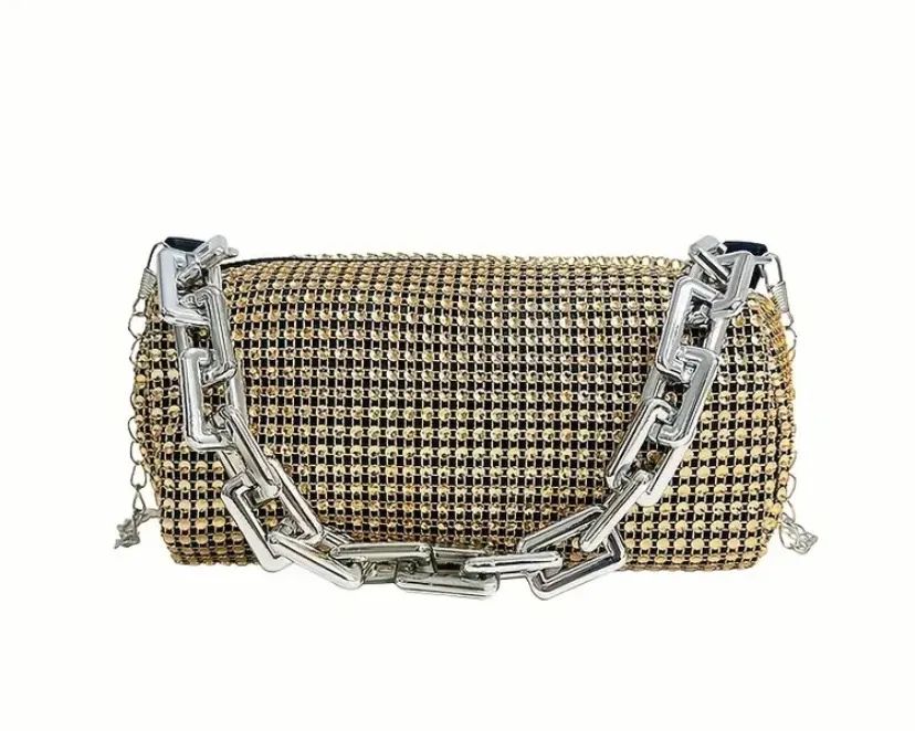 Bolsa Retrô de Noite Dourada com Strass, Alça de Corrente Multi-Via com Zíper.