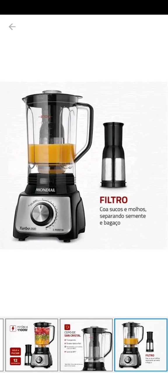 Liquidificador Mondial Turbo 1100W - Novo! - Foto 3