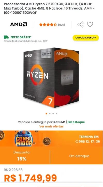 Processador AMD Ryzen 7 5700X3D - 3.0 GHz (4.1GHz Max Turbo)
