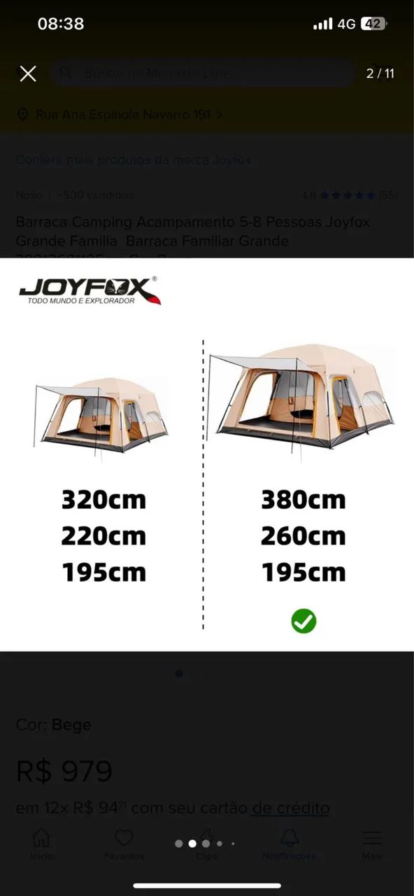 Barraca Camping Acampamento 5-8 Pessoas Joyfox Grande Família - Foto 2