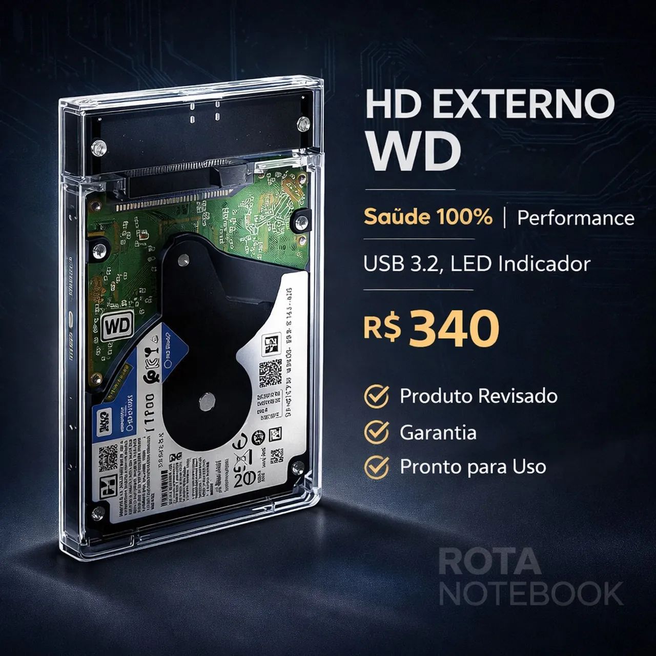Hd externo 2 terá saúde 100%performance USB 3.2 case transparente 