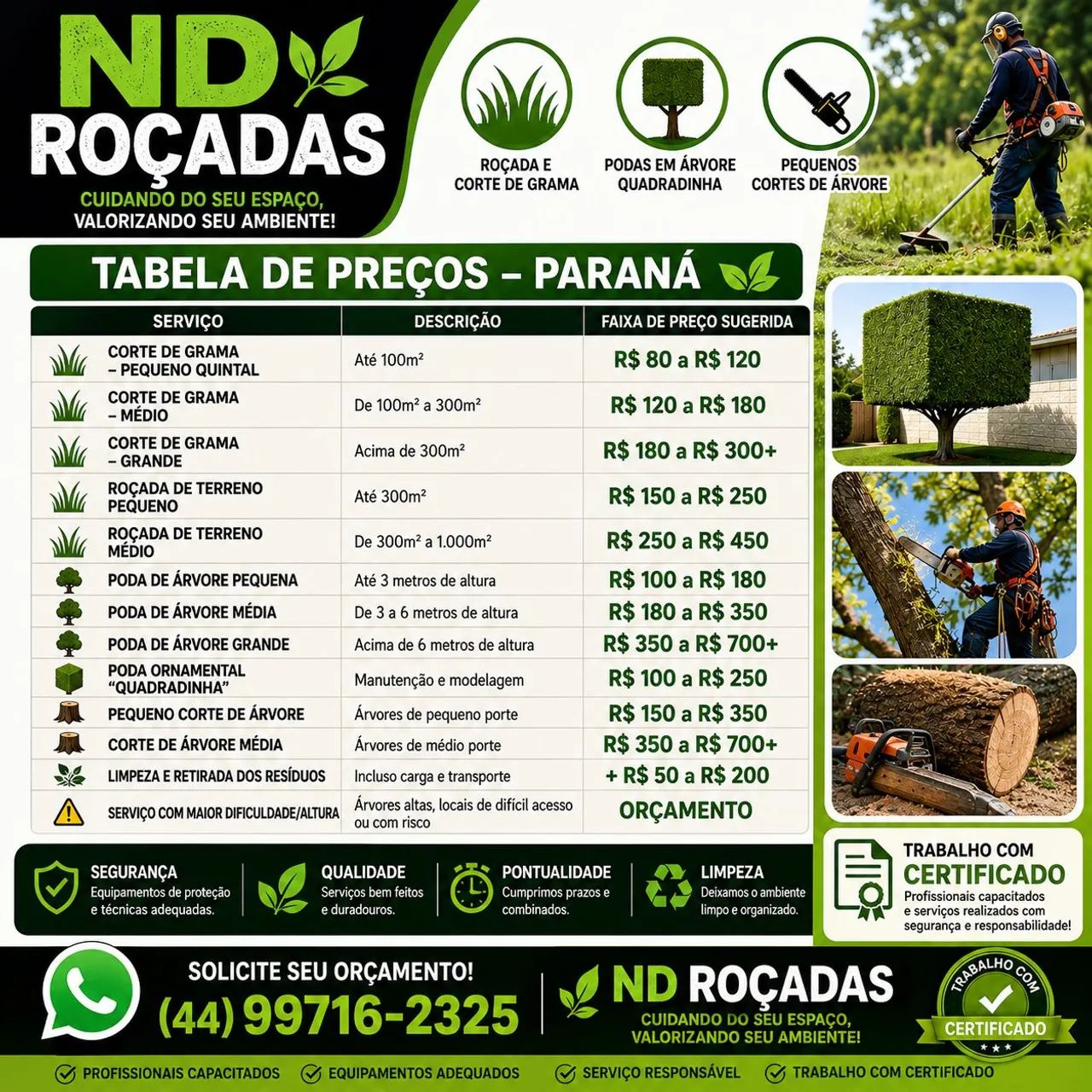 Roçadas de terrenos, cortes de árvores e paisagismo.