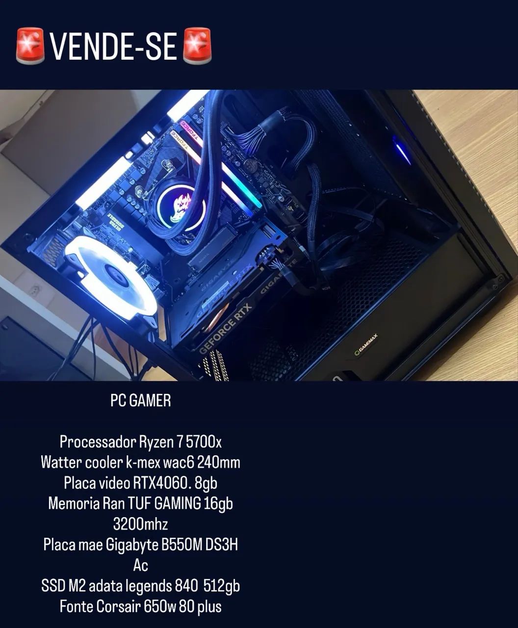Pc Ryzen 7 5700x  placa rtx4060 