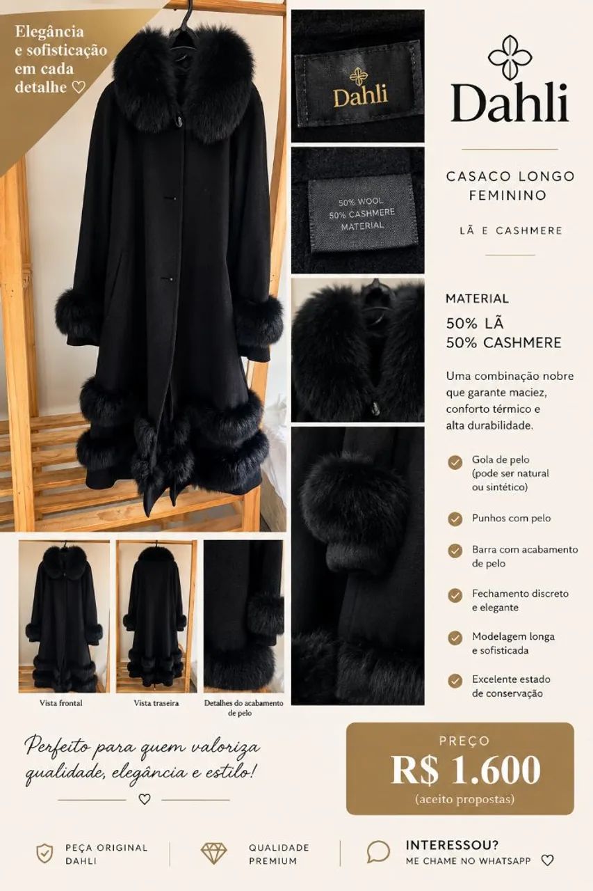 Casaco longo preto bem sofisticado, com acabamento de pelo na gola, punhos e barra. - Foto 4