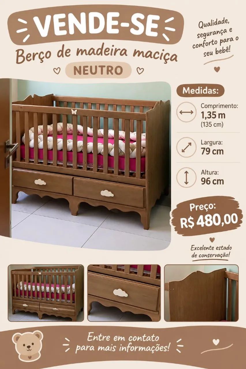 Berço de madeira maciça neutro