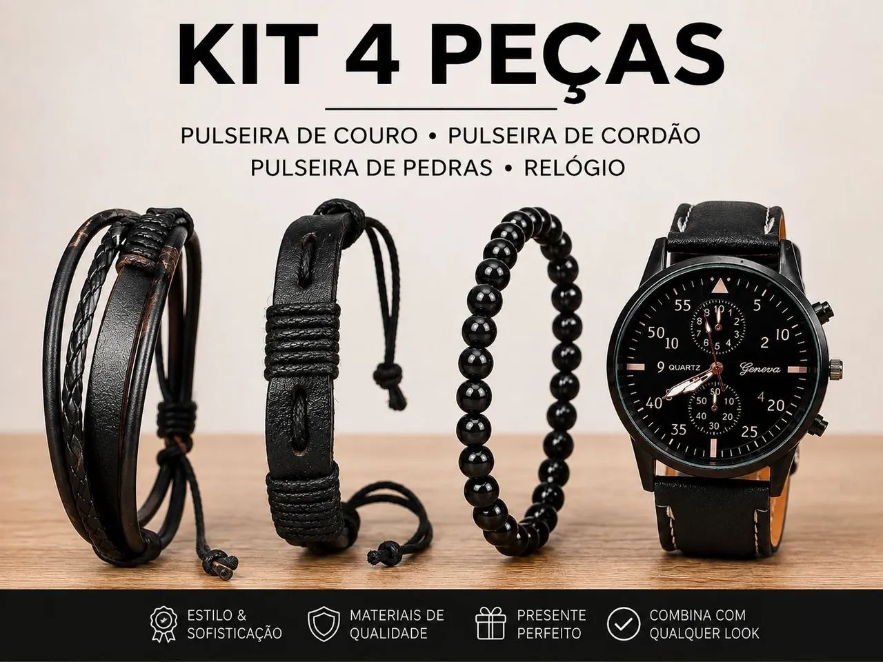 Kit Presente Masculino - Relógio + 3 Pulseiras