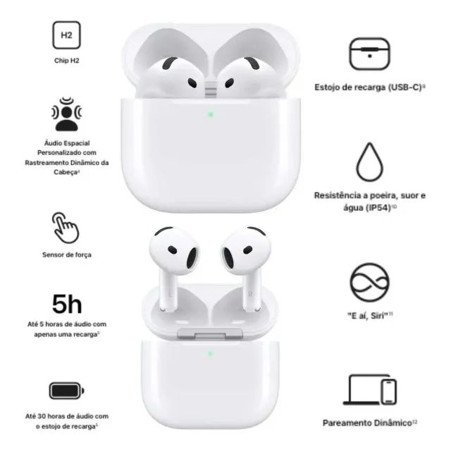 AirPods 4 Chip H2 Estojo De Recarga Usb-c Bluetooth 5.3 - Fones de