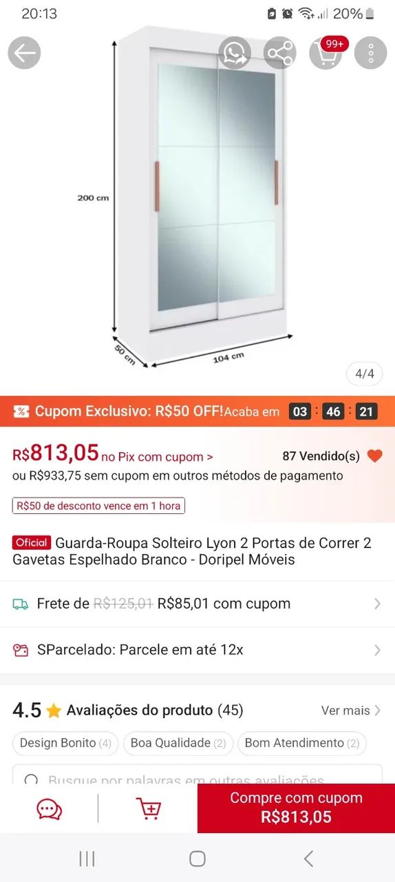 Guarda roupa solteiro com espelho  - Foto 4