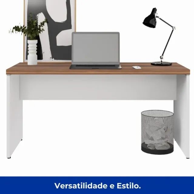 Mesa de Escritório 1,50×0,60m Sem Gavetas Nogal Sevilha/Branco Design Moderno 34306 - Foto 3