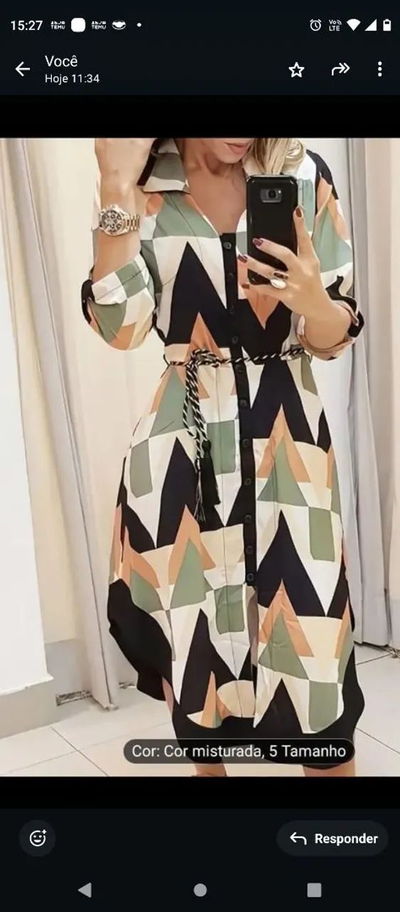 Vestido estampado geométrico com cinto - Foto 2