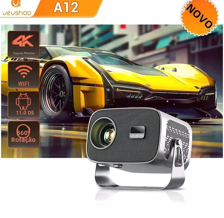 Projetor Veushao A12 - 4K, Wi-Fi, Android 11.0 e 360° de rotação!