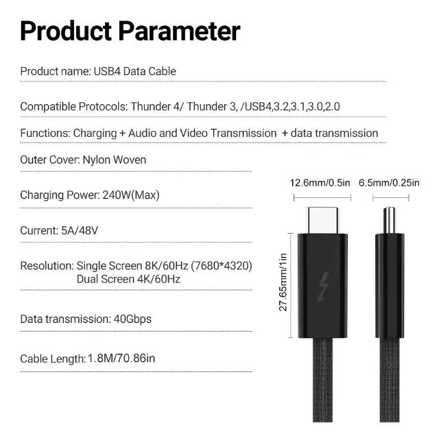 Cabo Usb 4 40gbps Thunderbolt Tipo C 240w Mac Win 8k 4k 1,8m  - Foto 2