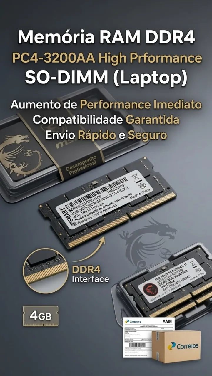 Memória RAM Notebook  DDR4 4GB 3200MHz SMART PC4-3200AA