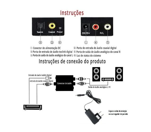 Conversor Adaptador Óptico Digital + cabo Óptico + Fonte - Foto 2