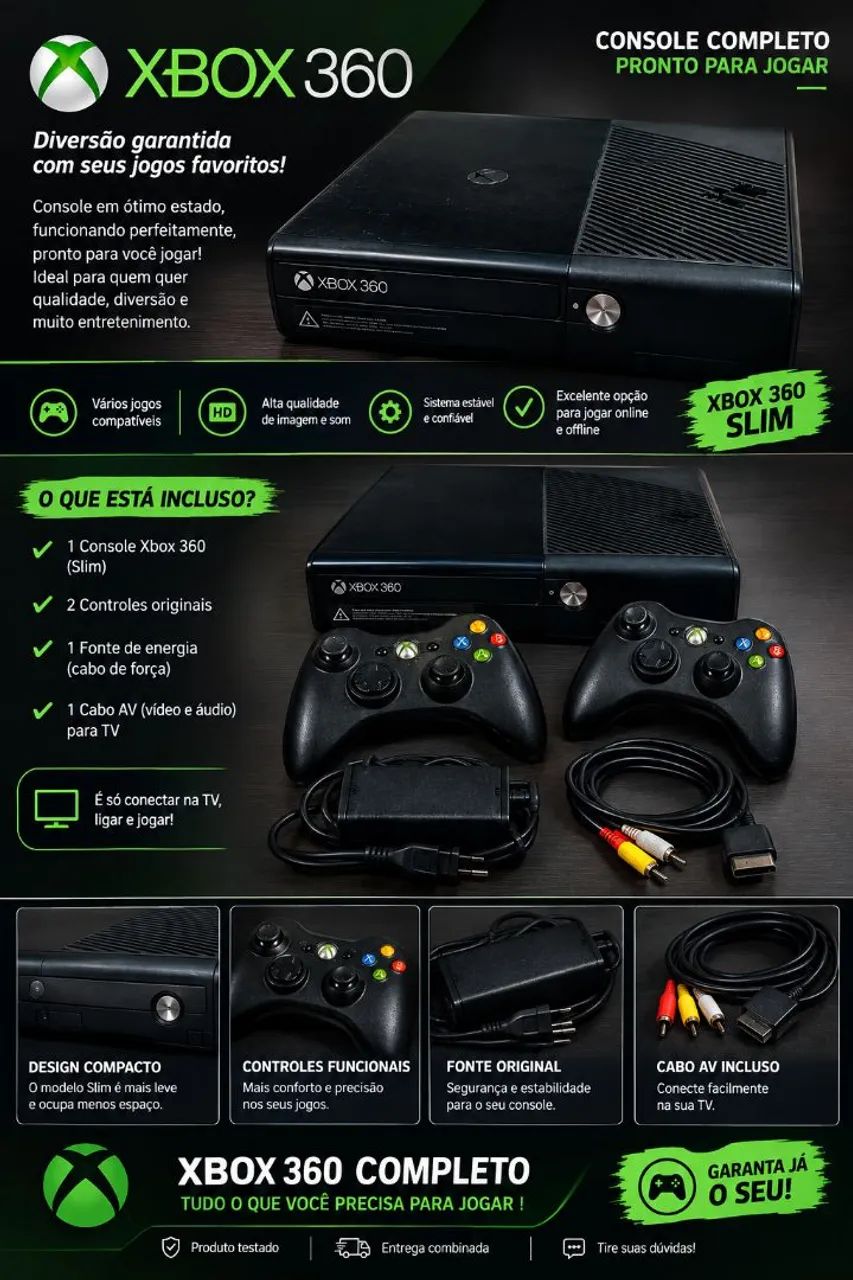 ? Xbox 360 Slim + 2 Controles + Cabos - Completo e Pronto para Jogar