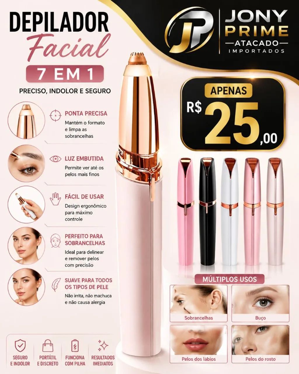 Depilador Facial Elétrico Feminino 7 em 1 USB Portátil