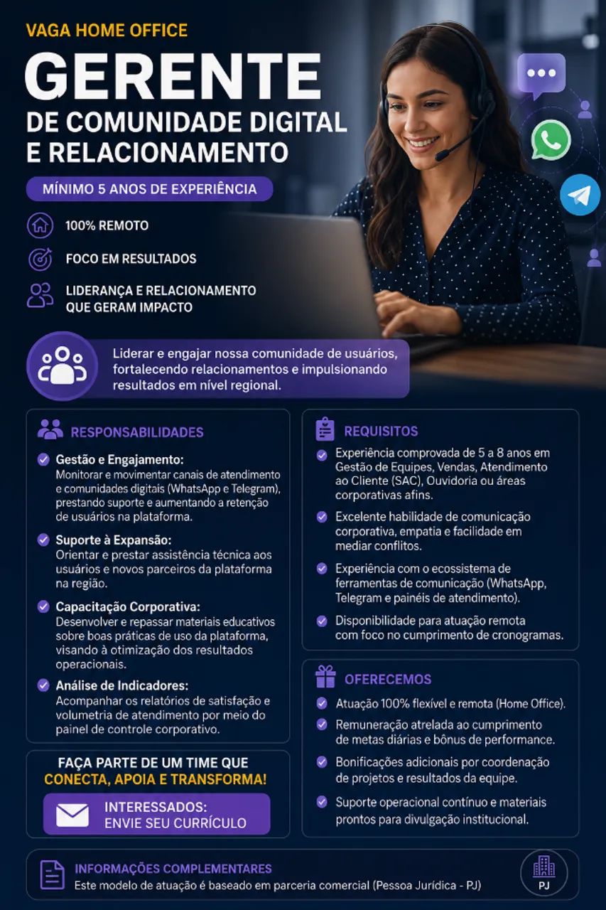 Gerente de Comunidade Digital e Relacionamento Home Office - Mínimo 5 anos de experiência 1