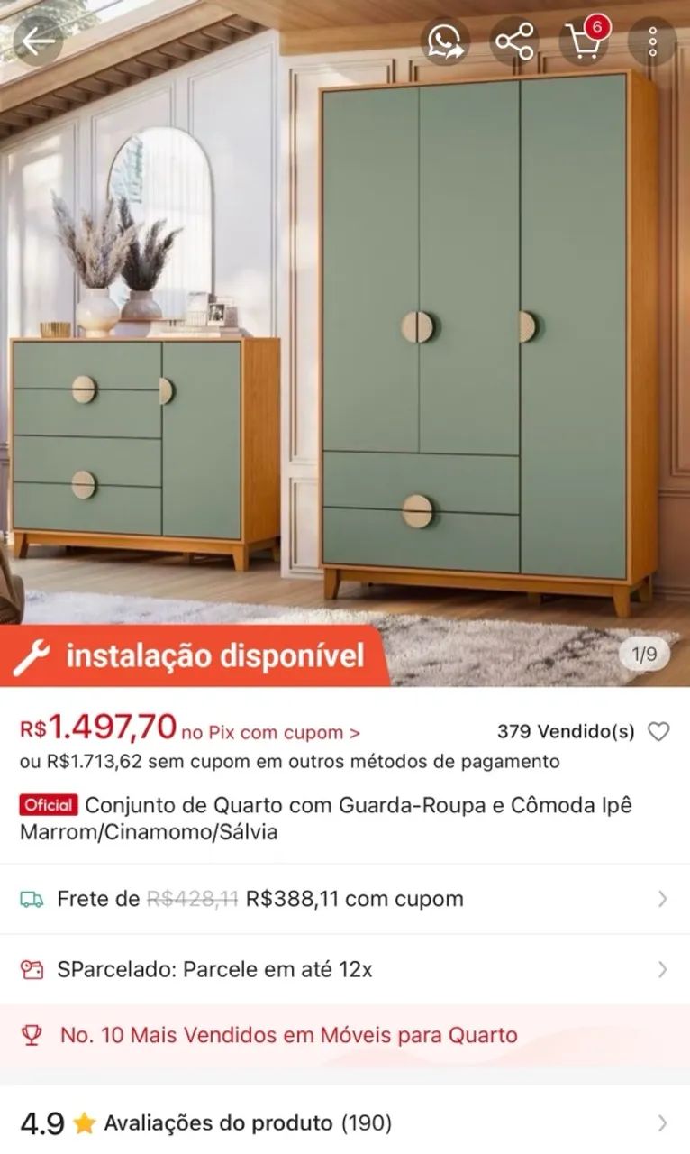 Conjunto de Quarto com Guarda-Roupa e Cômoda Ipê Marrom/Cinamomo/Sálvia - Foto 5