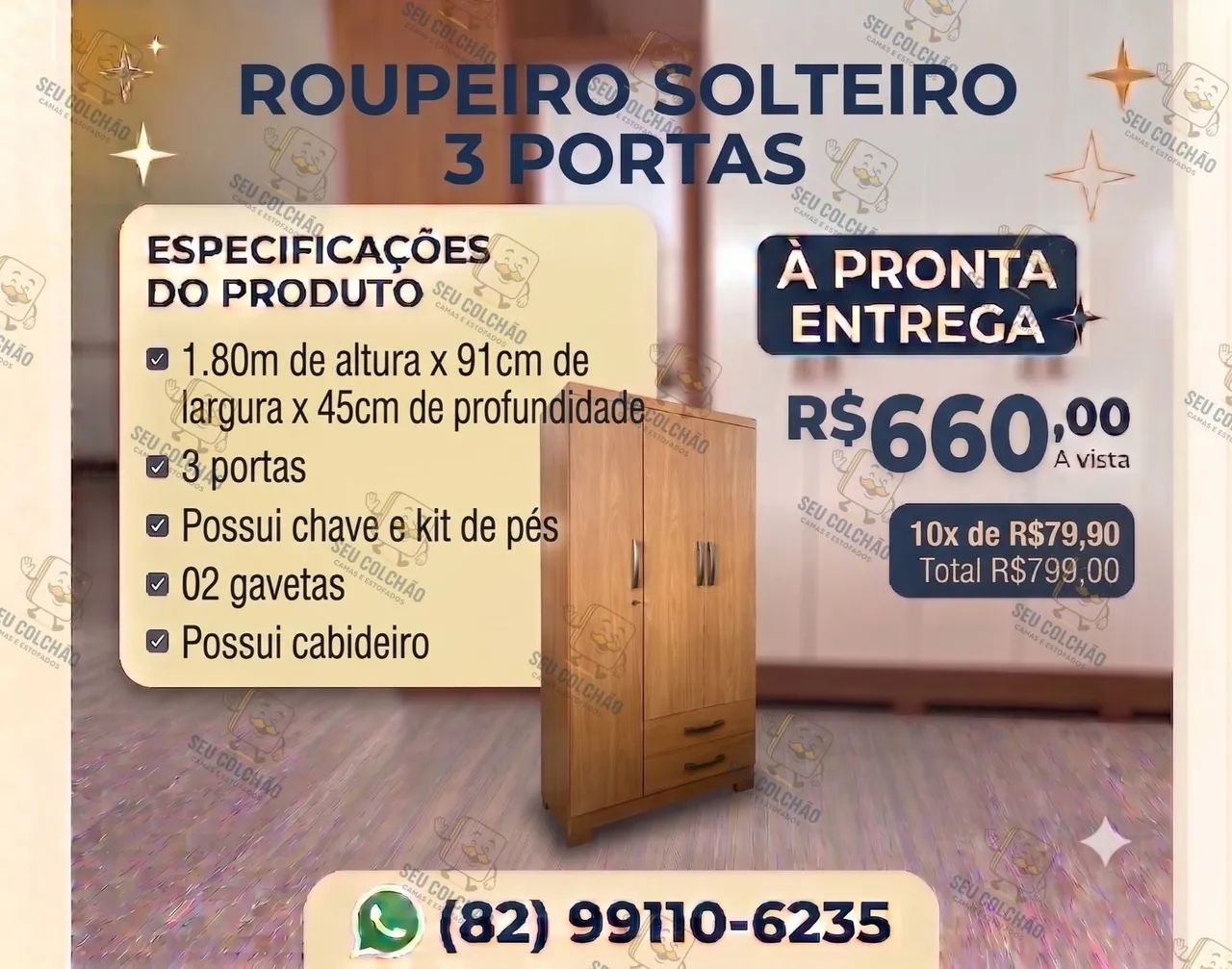 Roupeiro Solteiro 3 Portas c/ Chave à pronta entrega 