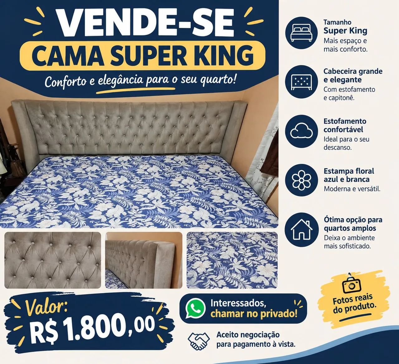 Cama box King size acompanhada de cabeceira.