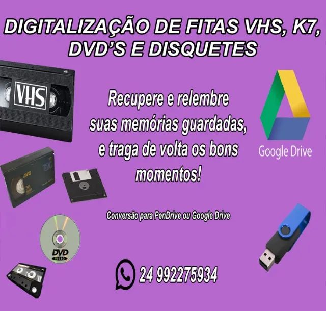 Digitalização Fitas VHS K7, DVD's e Disquetes. Conversão Para Pen Drive e Nuve
