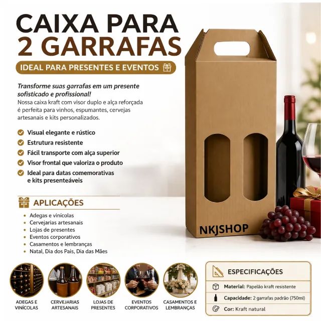 10 Caixas Papelão Com Alça 2 Garrafa Vinho Com Display Visor