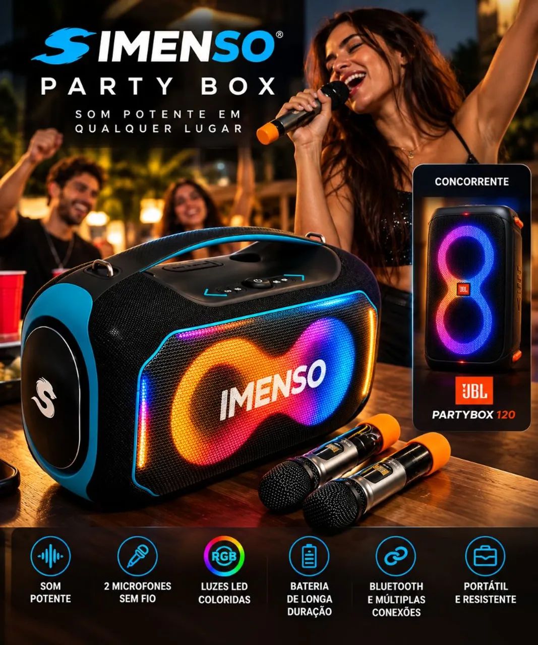 Caixa de Som Party Box Imenso com 2 Microfones Sem Fio e LED RGB - Foto 2