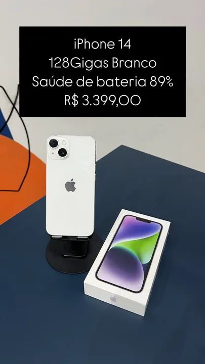 IPhone 14 Branco 64Gigas Saúde de Bateria 89% -R$3.499,00- Semi