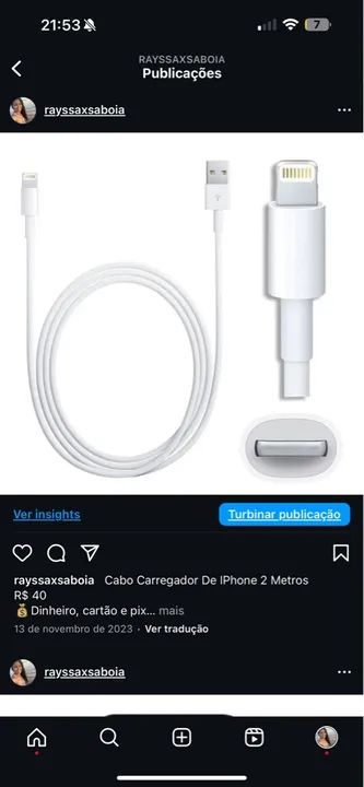 Cabo Carregador De IPhone 2 Metros  R$ 40