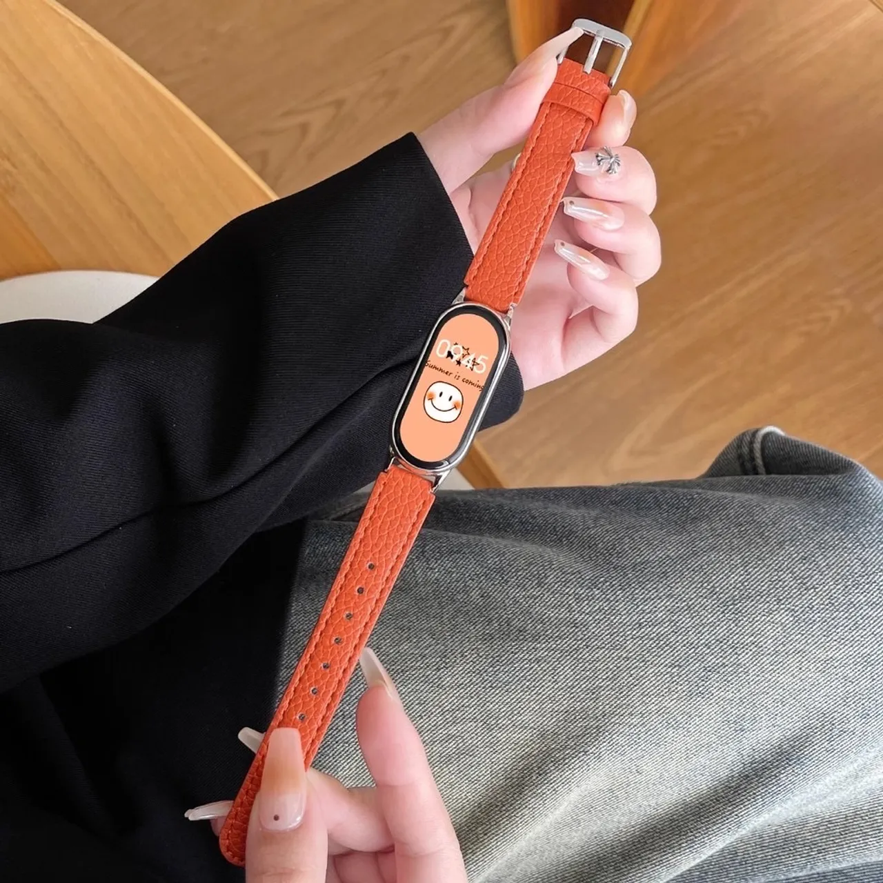 Pulseira de couro Laranja para Mi Band 7