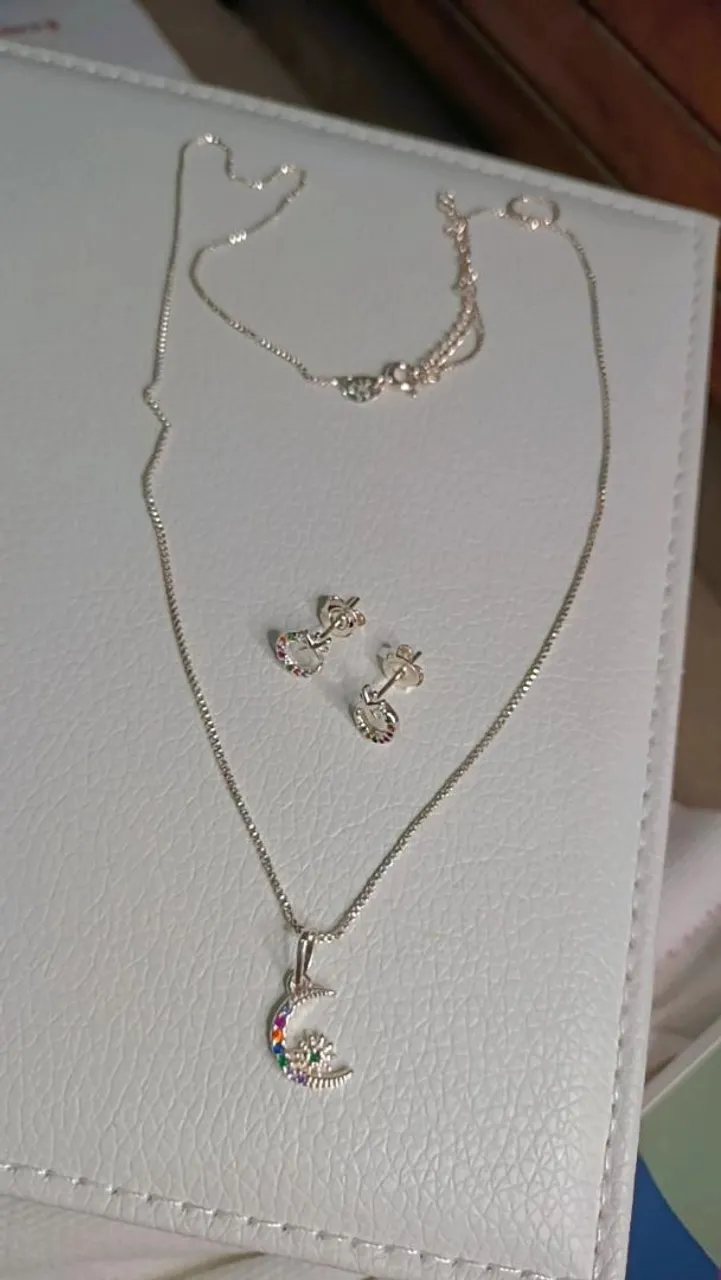 Conjunto de Colar e Brincos de Lua com Pedra, prata 925.s Coloridas