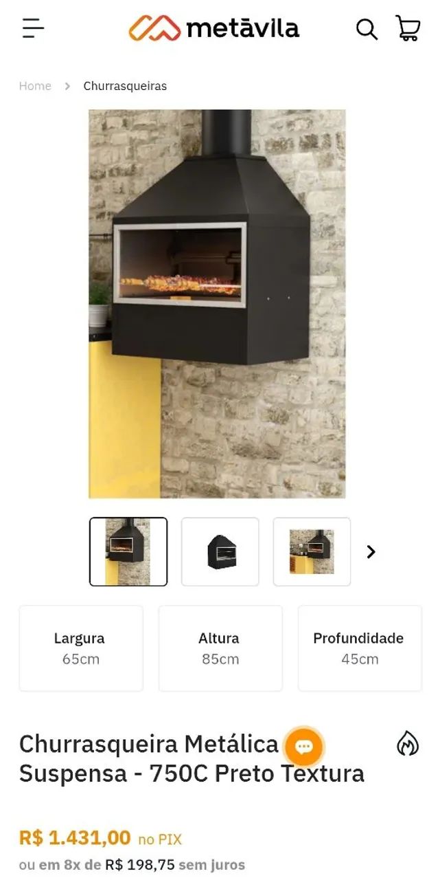Churrasqueira Metálica Suspensa - 750C Preto Textura