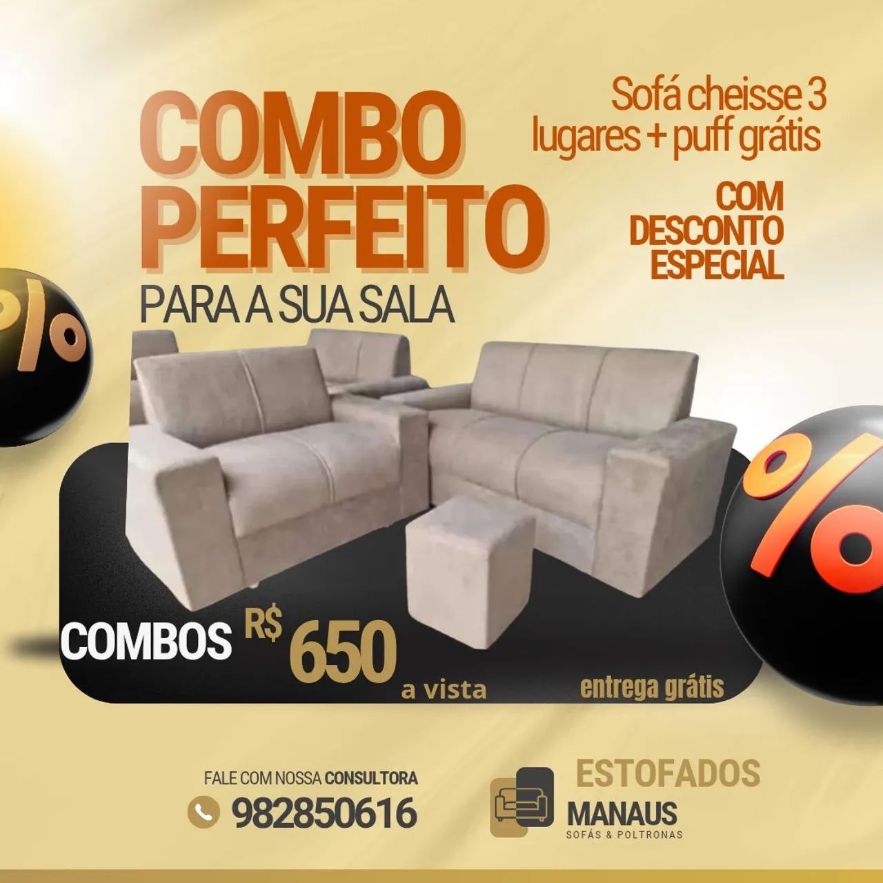 Combo Perfeito para sua Sala - Sofá + Puff Grátis!
