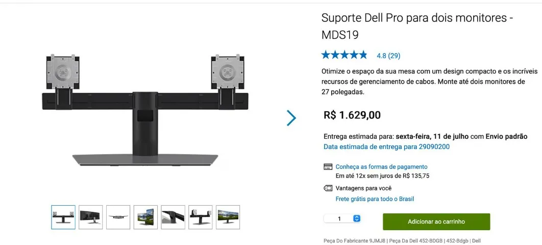 Suporte Dell Para Dois Monitores Mds19 Cor Preto