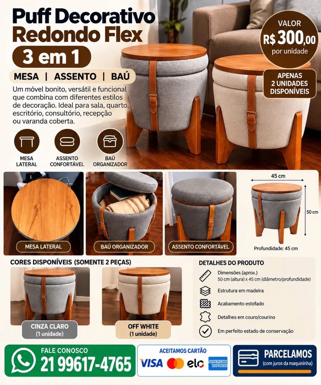 Puff Decorativo Redondo Flex (3 em 1)
