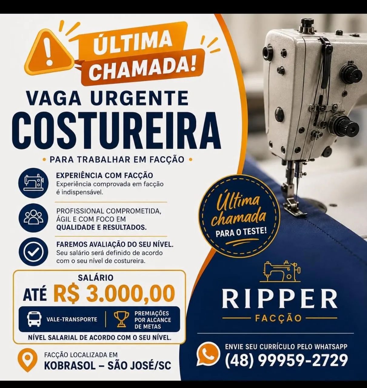 Vaga de costureira Em facção 
